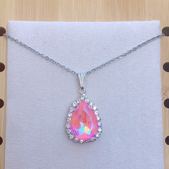 Jewelry - Pink Aurora Borealis + Silver Crystal Halo Pear Drop Pendant Necklace
